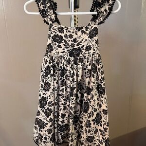 Girls Cream Black Floral Ruffle Strap Bow Back Dress with Crochet‎ Trim